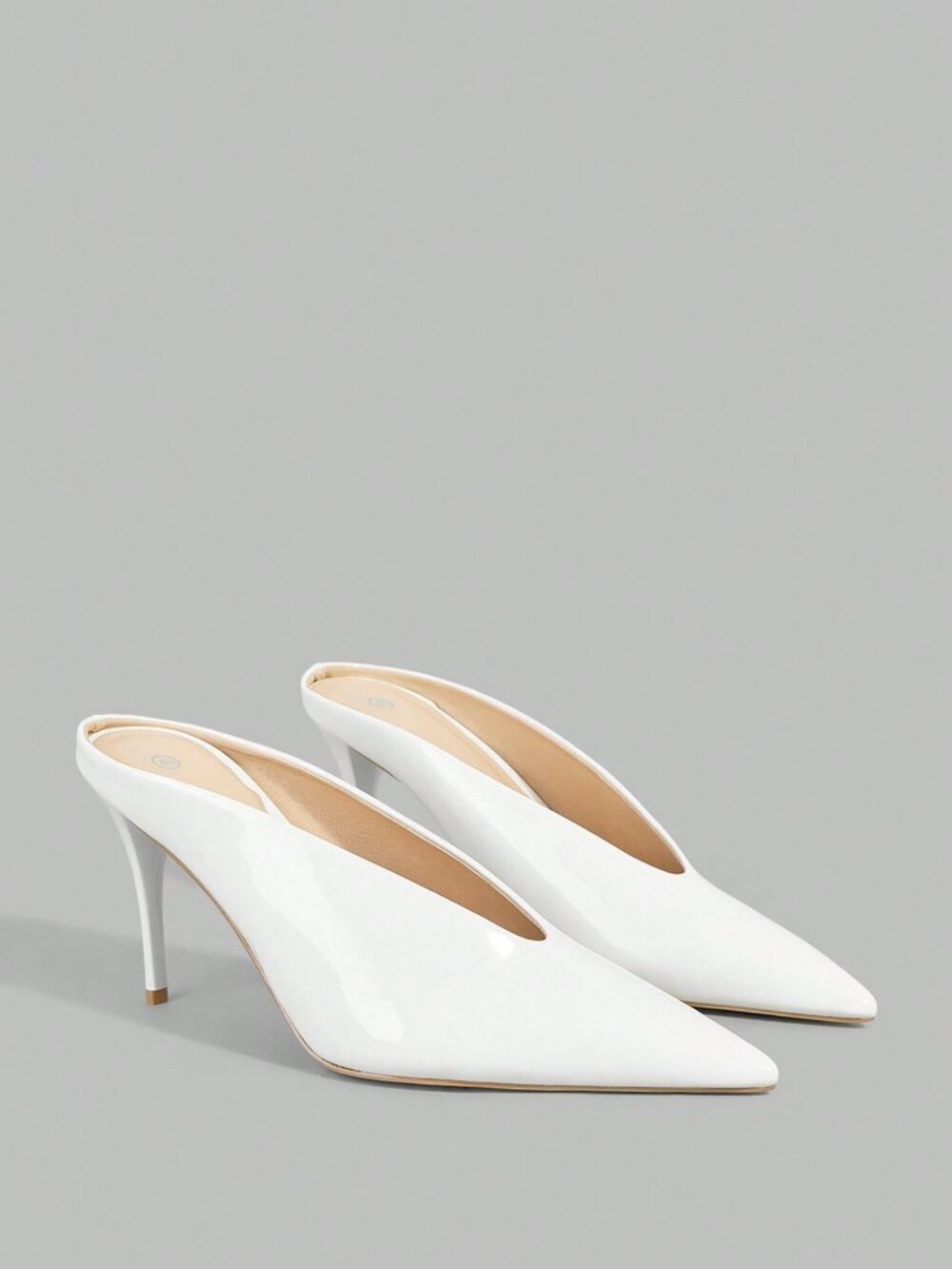 White Elegant Women's Patent Leather Pointed Thin Heel Mule Shoes